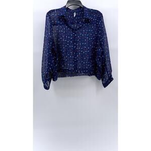COTTON CANDY Women's Blue Mini Bow Print Button-Up Long Sleeve Sheer Top SZ M